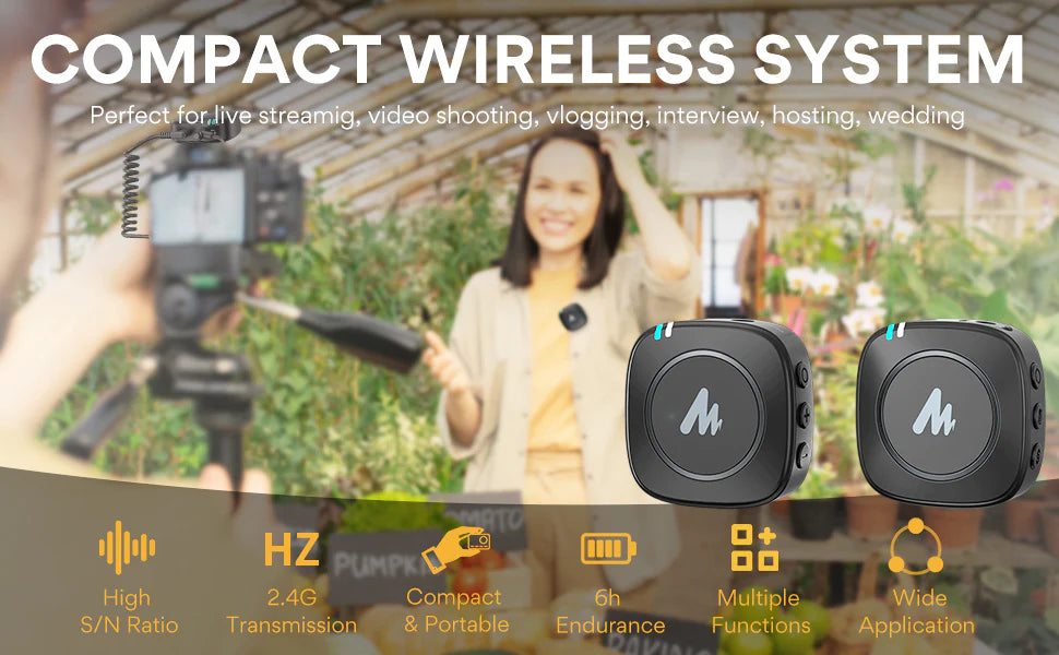 Maonocaster AU-WM820A2 Dual-Person Compact Wireless Lavalier Microphone 2.4GHz with Real-time Monitoring and 22-Level Gain Adjustment for Interview, Vlogging, Live Streaming, Phone, Camera - Black - Blink.sa.com